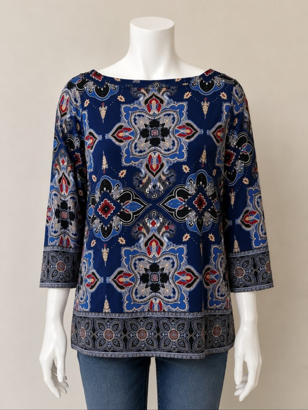 Charter Club Navy Blue Printed Long-Sleeve Top